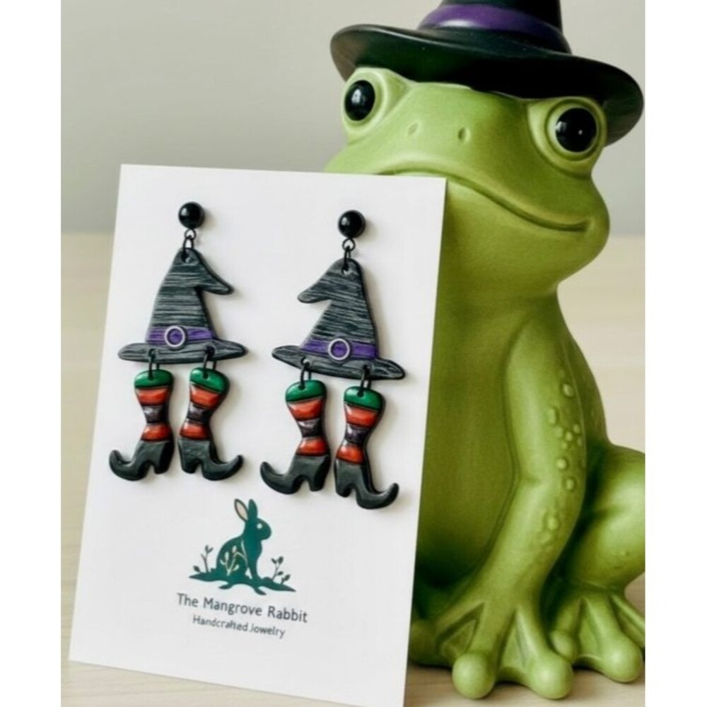 Black Witch Hat & Legs Striped Handmade Polymer Clay Dangle Halloween Earrings